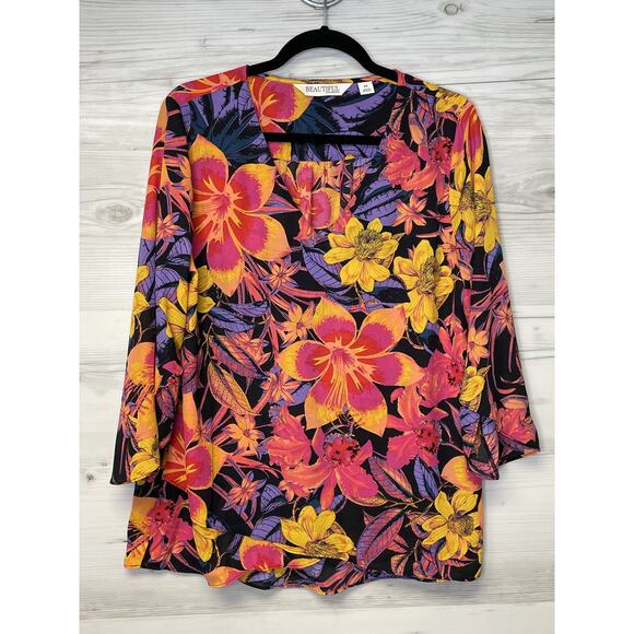 Beautiful by Lawrence Zarian Shirt Womens Medium Black Floral Print Top Blouse - Picture 1 of 10